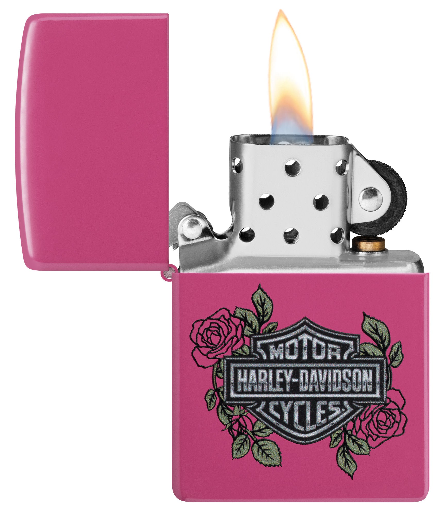 Zippo Harley-DavidsonÂ® Roses Frequency Windproof Lighter with its lid open and lit.