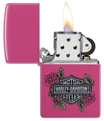 Zippo Harley-DavidsonÂ® Roses Frequency Windproof Lighter with its lid open and lit.
