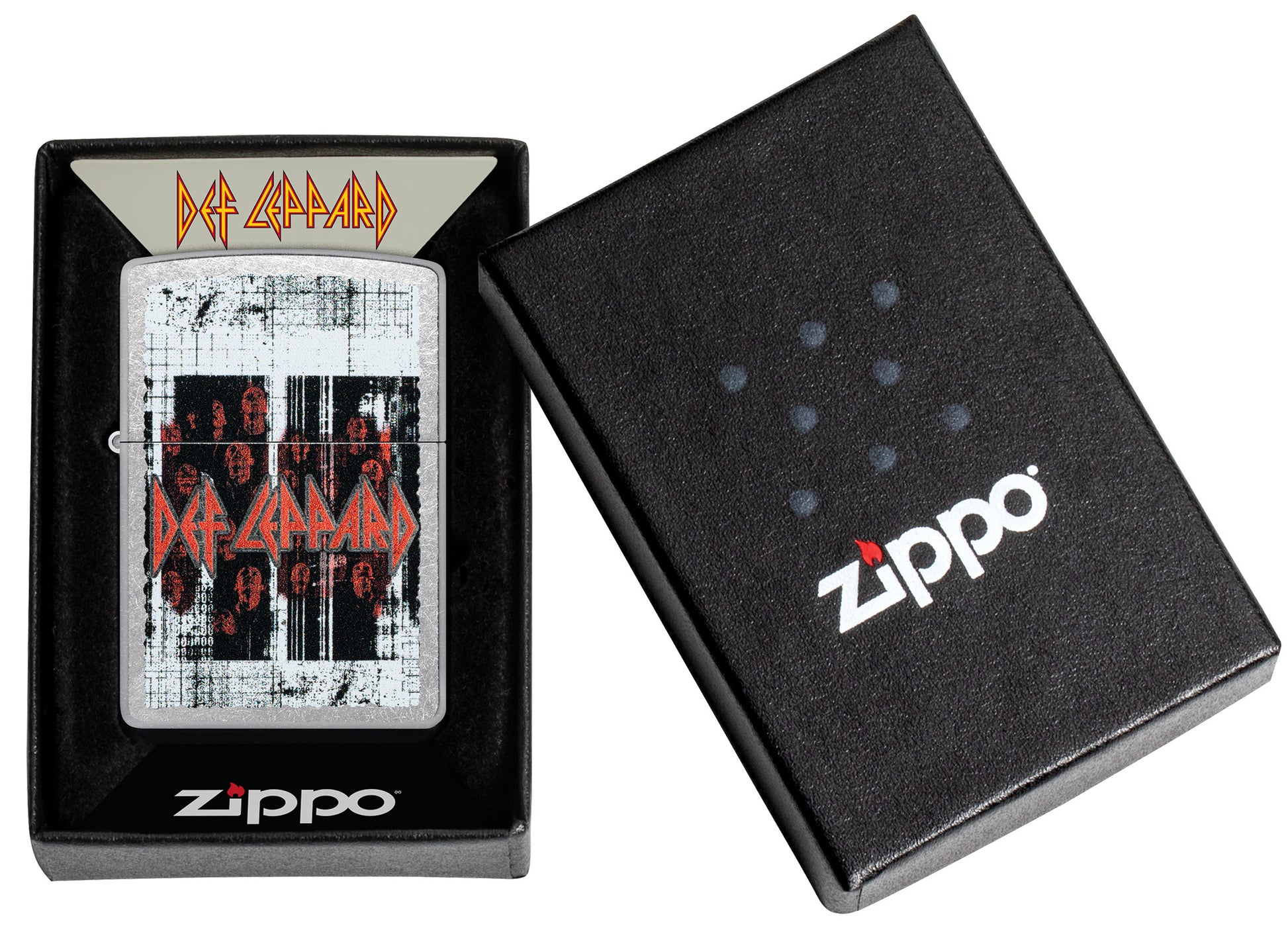 Zippo Def Leppard Logo Design Street Chrome Windproof Lighter in its packaging.
