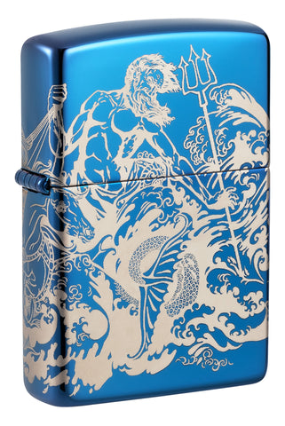 Front shot of Zippo Atlantis Design High Polish Blue Windproof Lighter standing at a 3/4 angle.