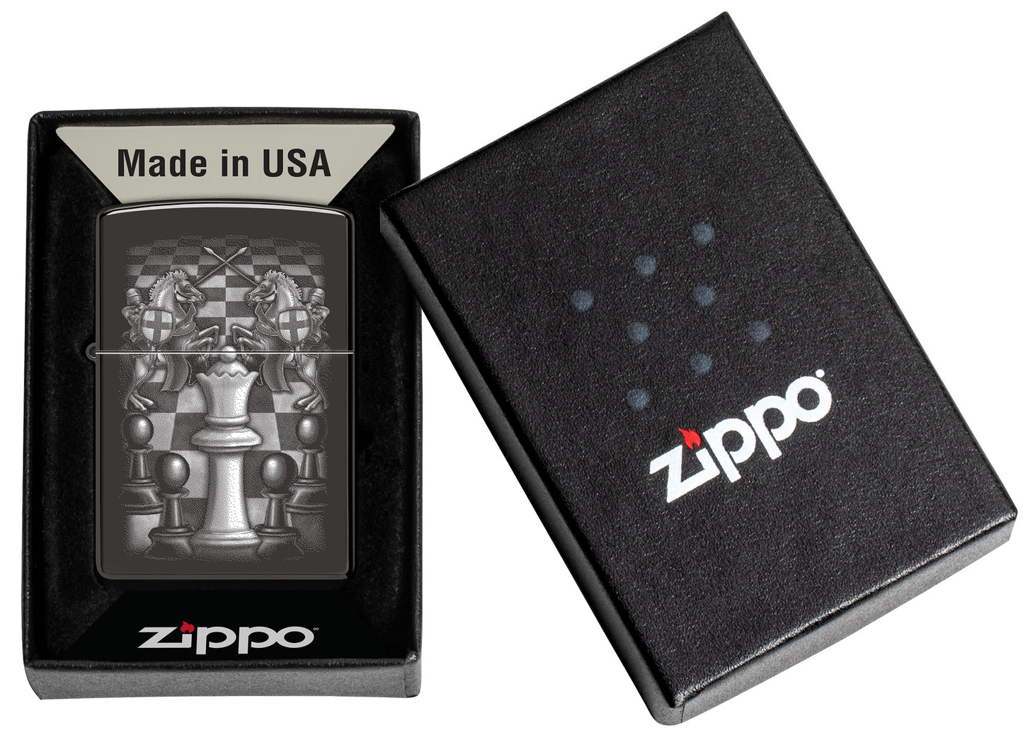 Zippo Chess Design High Polish Black Windproof Lighter in its packaging.
