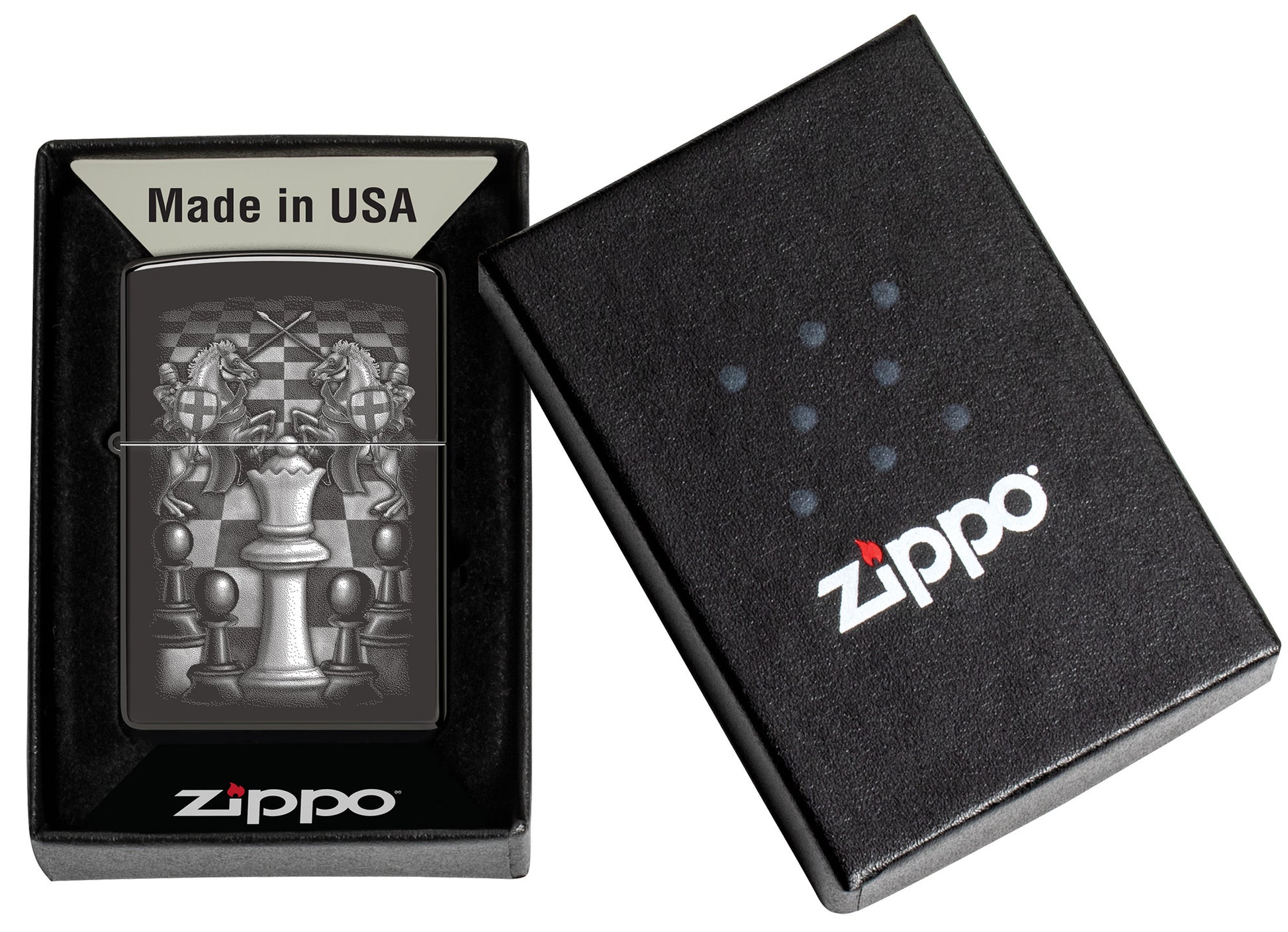 Zippo Chess Design High Polish Black Windproof Lighter in its packaging.