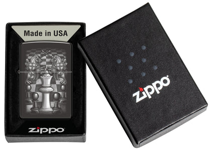 Zippo Chess Design High Polish Black Windproof Lighter in its packaging.