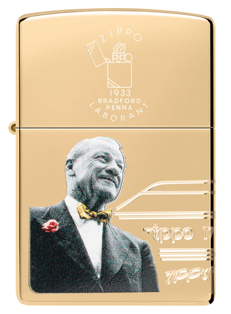 Front view of Zippo 2023 Founder's Day Collectible Armor High Polish Brass Windproof Lighter.