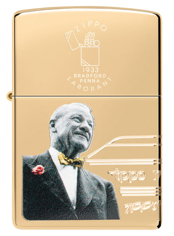 Front view of Zippo 2023 Founder's Day Collectible Armor High Polish Brass Windproof Lighter.
