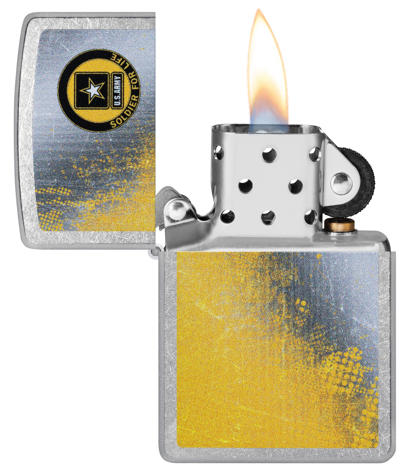 Zippo U.S. ArmyÂ® Soldier for Life Street Chrome Windproof Lighter with its lid open and lit.