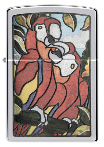 Front view of Zippo Parrot Pals Design High Polish Chrome Windproof Lighter.