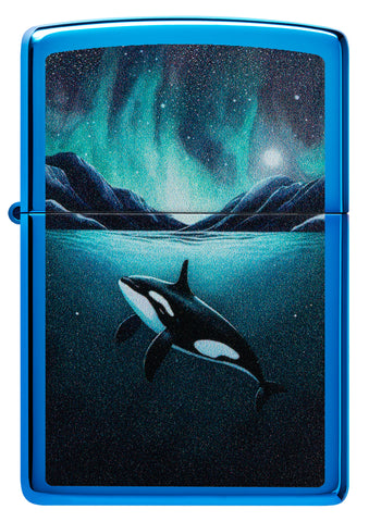 Front view of Zippo Whale Design High Polish Blue Windproof Lighter.