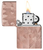 Zippo Hearts Armor High Polish Rose Gold Windproof Lighter with its lid open and lit.