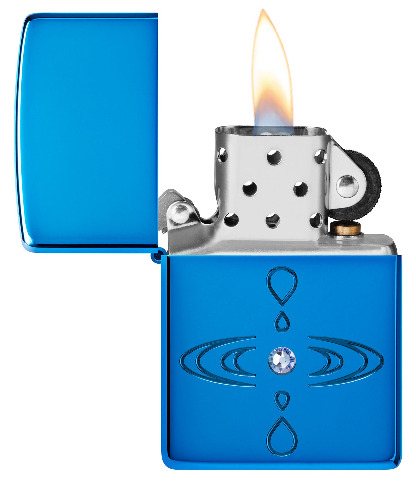 Zippo Simple Design Armor High Polish Blue Windproof Lighter lit in hand.