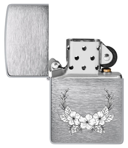 White Flower Design Windproof Lighter with its lid open and unlit
