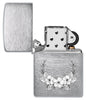 White Flower Design Windproof Lighter with its lid open and unlit