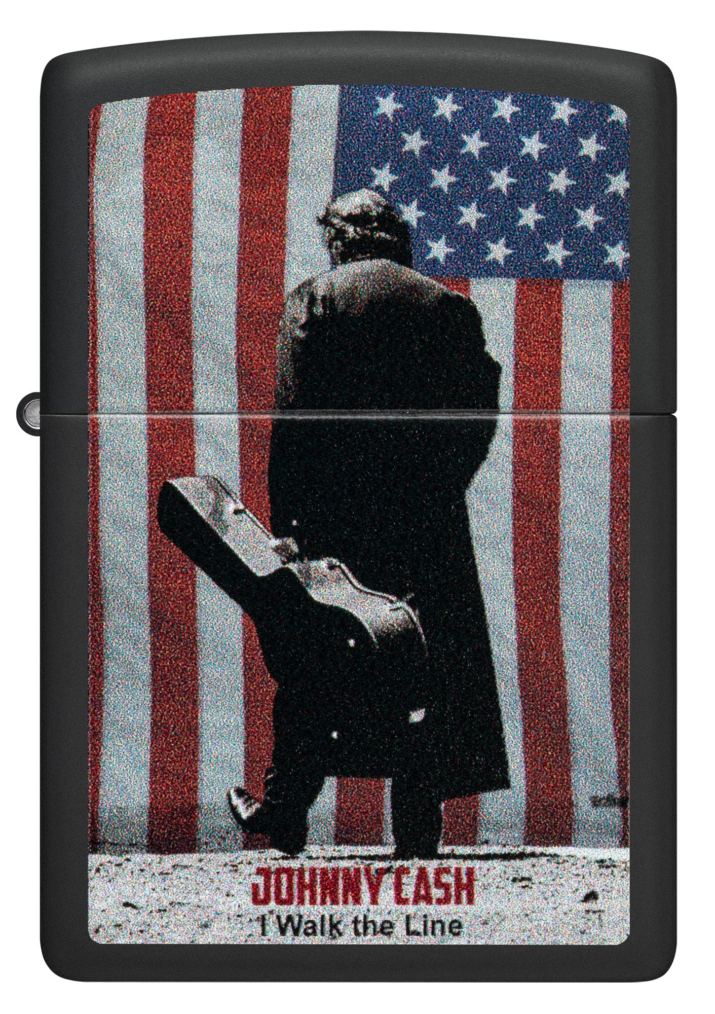 Front view of Zippo Johnny Cash Walk the Line Black Matte Windproof Lighter.