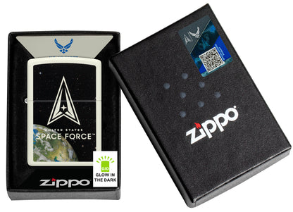 Zippo U.S. Space Forceâ„¢ Glow in the Dark Windproof Lighter in its packaging.
