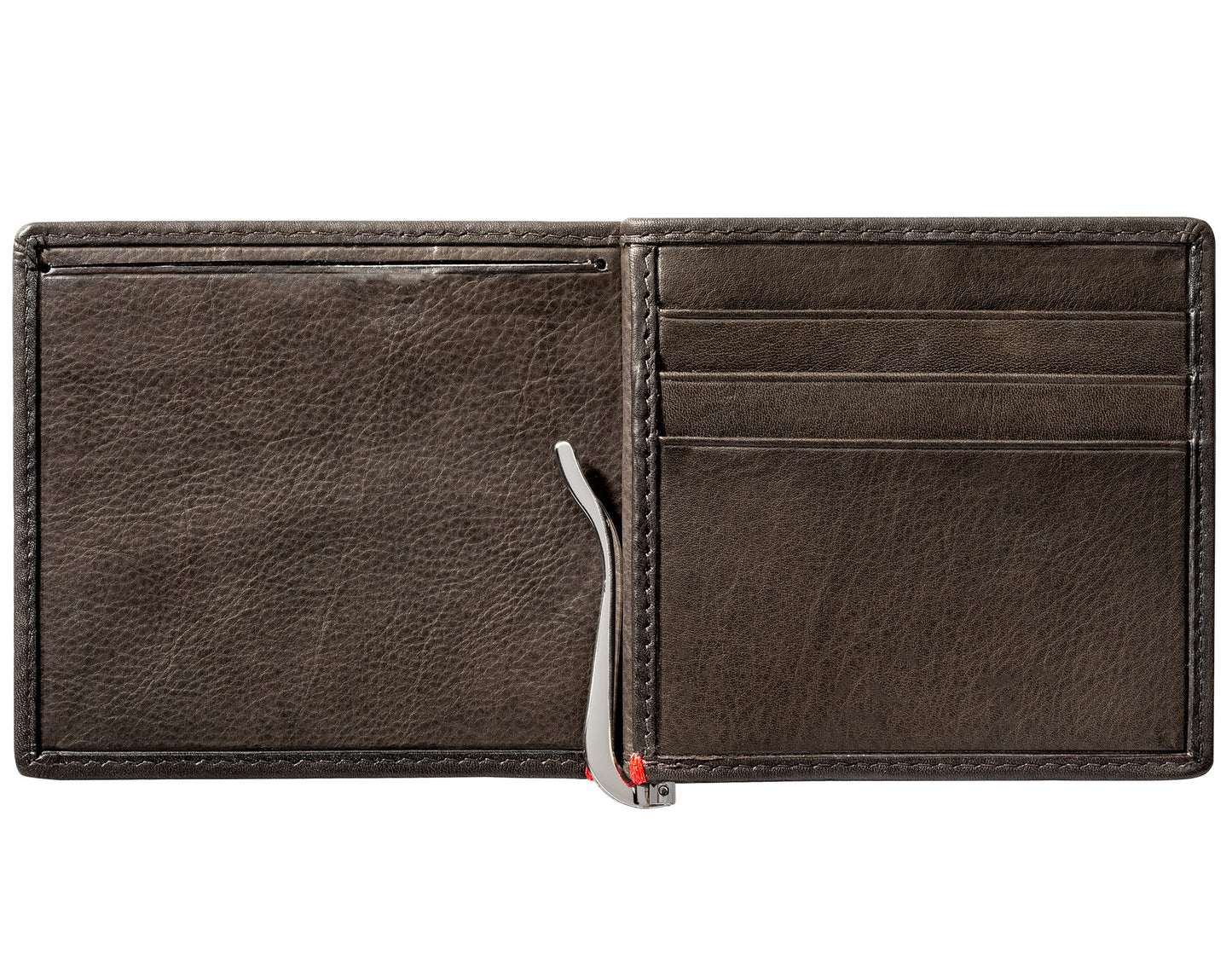 Mocha Leather Wallet With Skull Metal Plate money clip inside empty