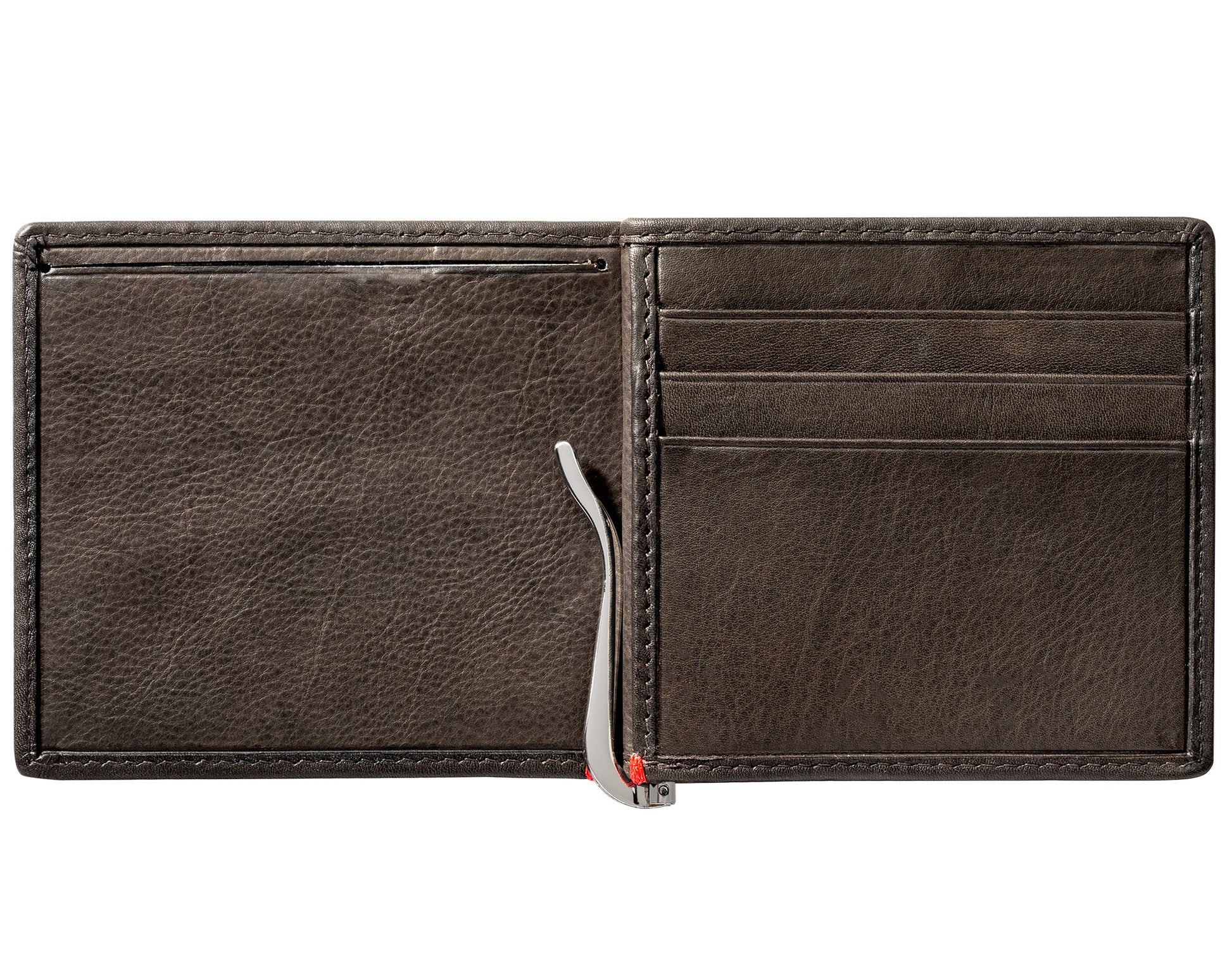 Mocha Leather Wallet With Skull Metal Plate money clip inside empty