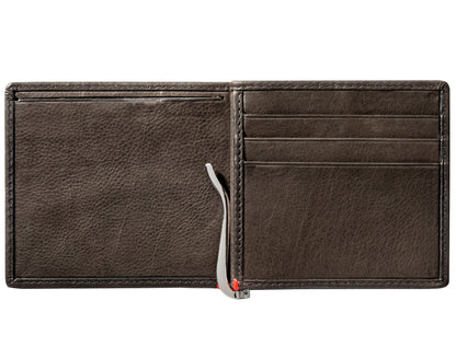 Mocha Leather Wallet With Skull Metal Plate money clip inside empty