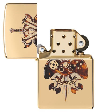 Zippo Gamer Creed Design High Polish Brass Windproof Lighter with its lid open and unlit.