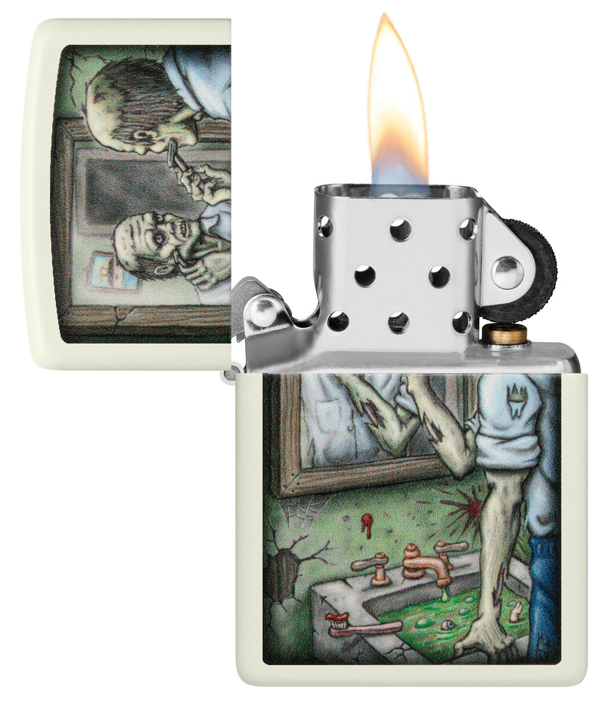 Zippo Shaving Zombie Glow In The Dark Windproof Lighter with its lid open and lit.
