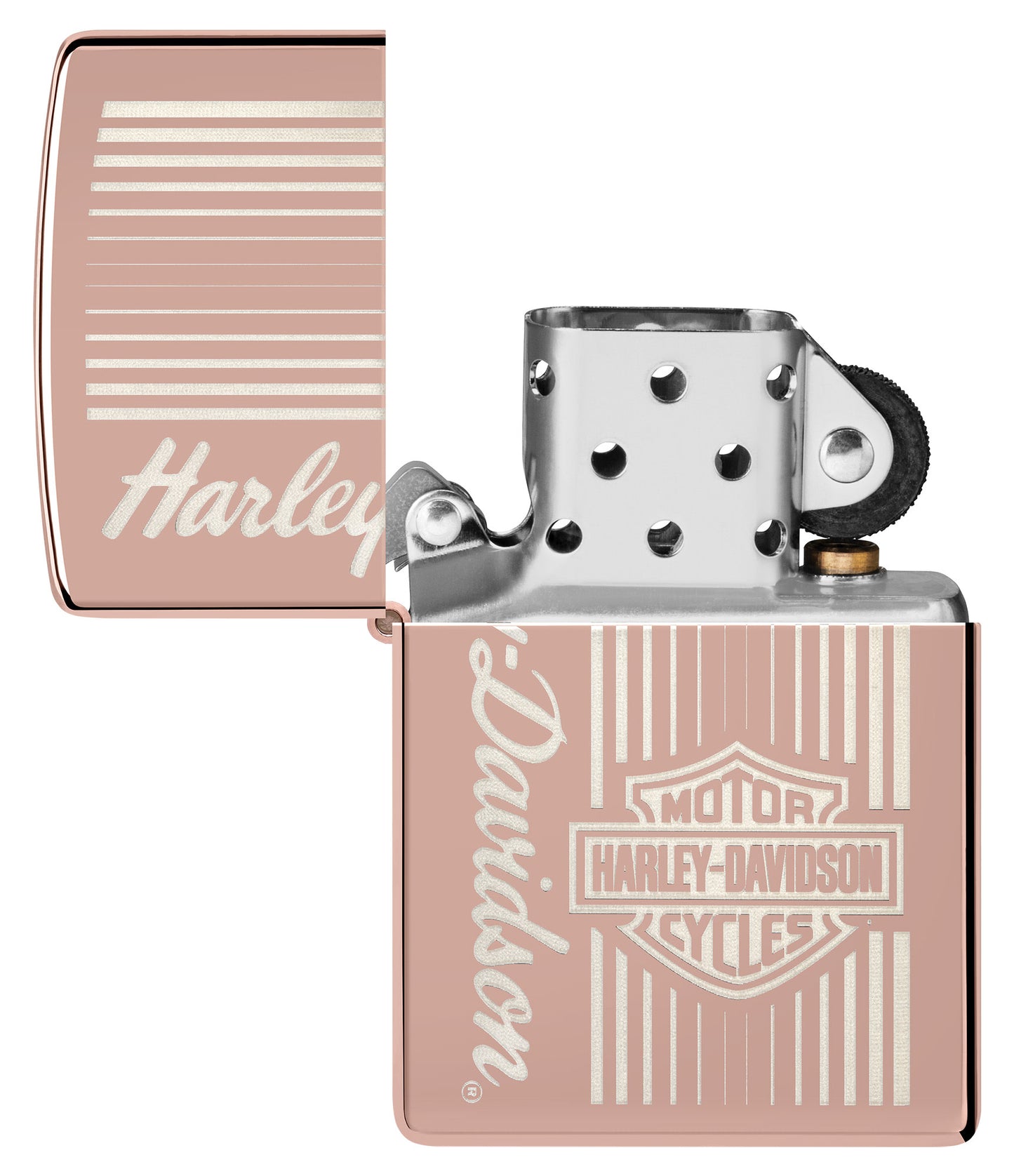 Zippo Harley-DavidsonÂ® High Polish Rose Gold Windproof Lighter with its lid open and unlit.