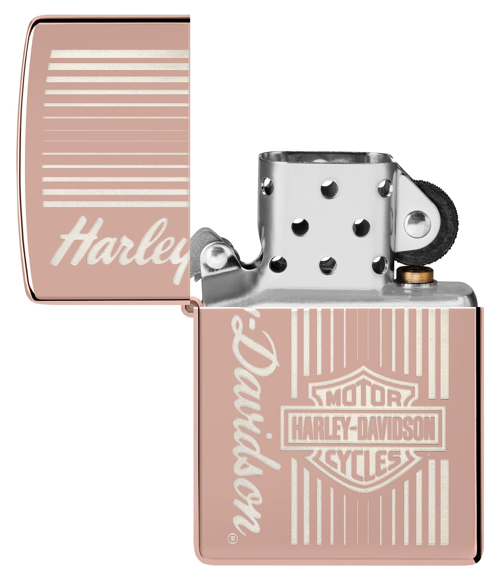 Zippo Harley-DavidsonÂ® High Polish Rose Gold Windproof Lighter with its lid open and unlit.