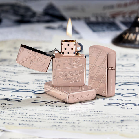 Lifestyle image of Zippo Script Collectible Armor Rose Gold Windproof Lighter.