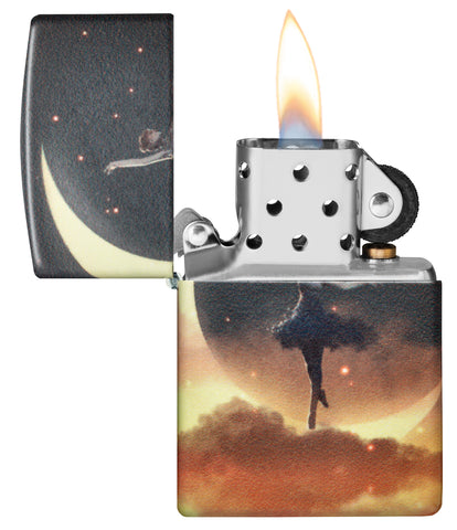 Zippo Mythological Design Glow in the Dark Green Matte Windproof Lighter with its lid open and lit.