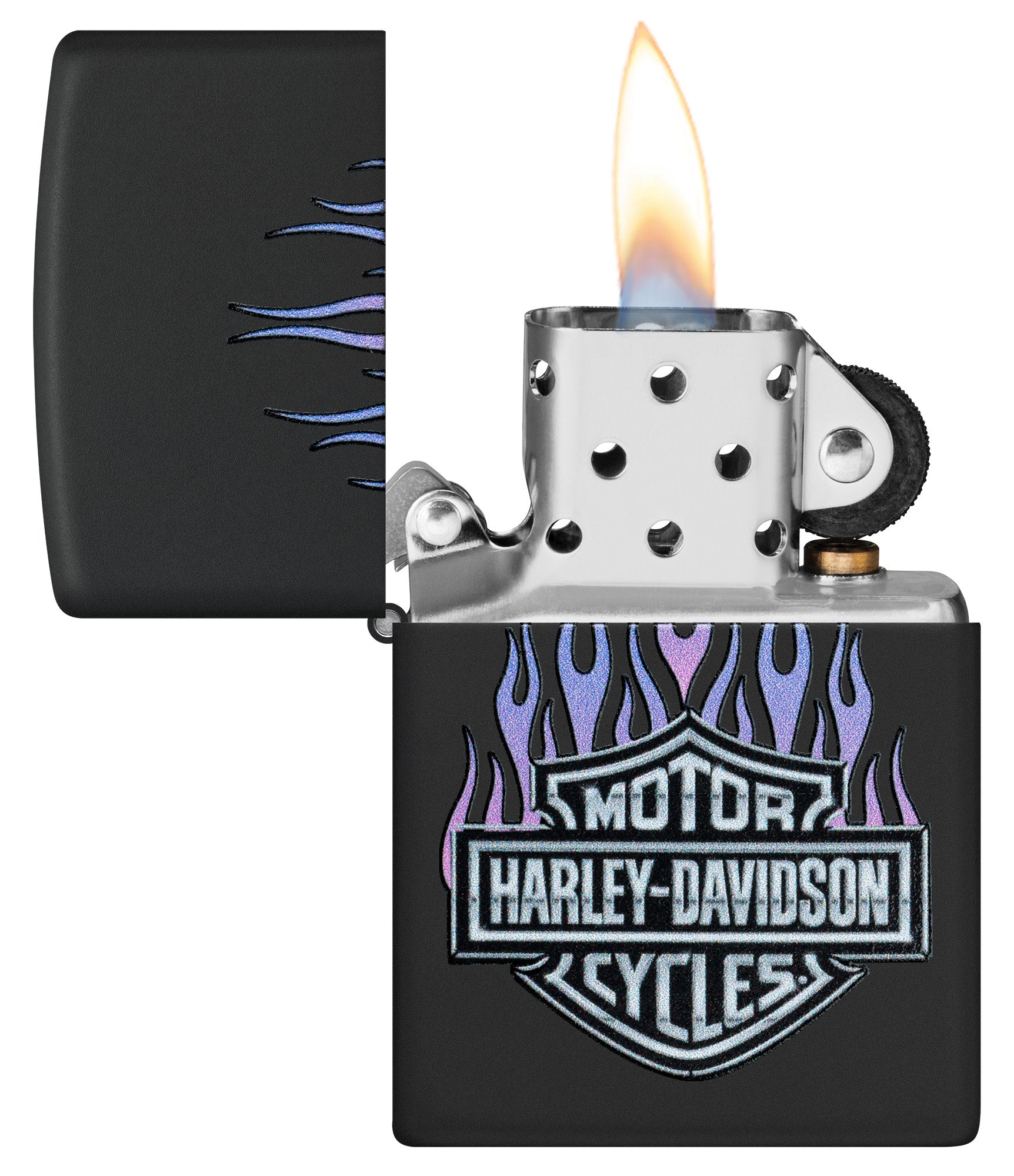 Zippo Harley DavidsonÂ® Flames Black Matte Windproof Lighter with its lid open and lit.