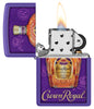 Zippo Crown Royal Design Purple Matte Windproof Lighter with its lid open and lit.