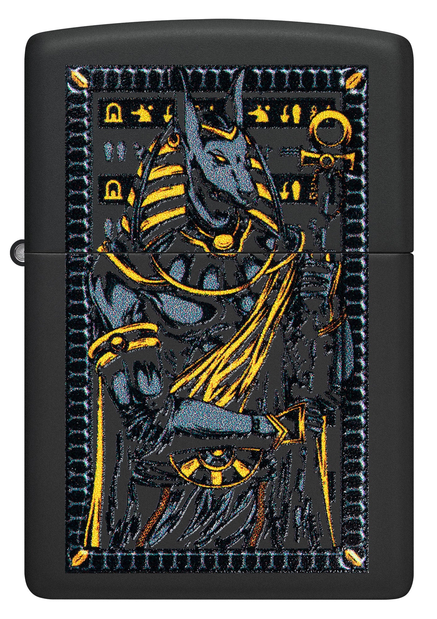Front view of Zippo Anubis Design Black Matte Windproof Lighter.