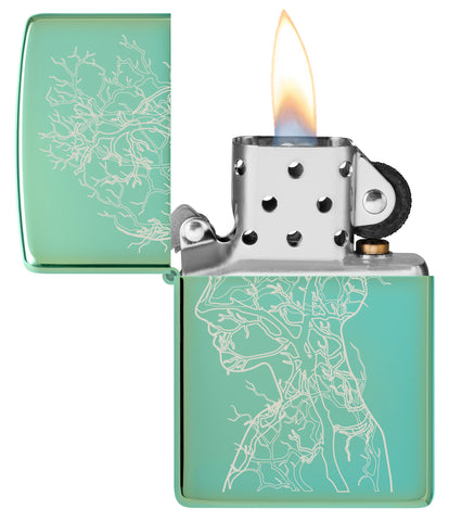 Zippo Human Tree Design High Polish Green Windproof Lighter with its lid open and lit.