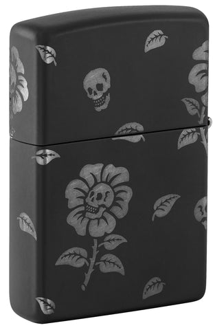 Back view of Zippo Flower Skulls Design Black Matte with Chrome Windproof Lighter standing at a 3/4 angle.