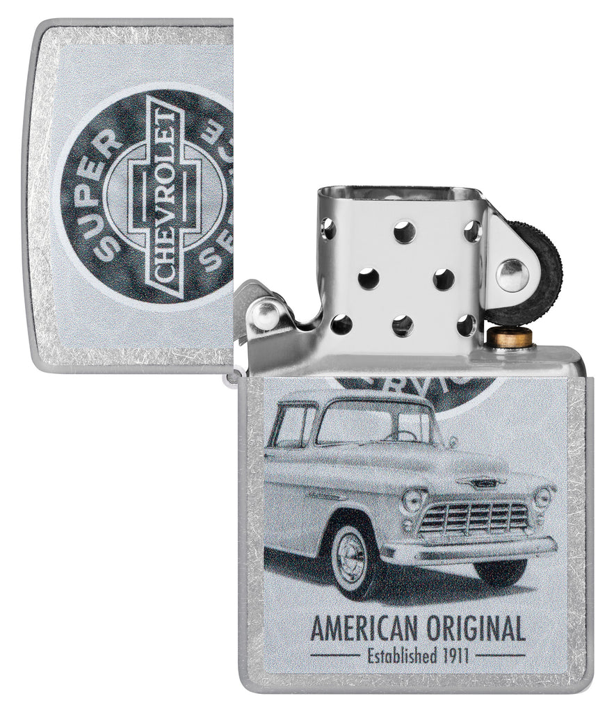 Zippo Chevrolet Street Chrome Pocket Lighter with its lid open and unlit.