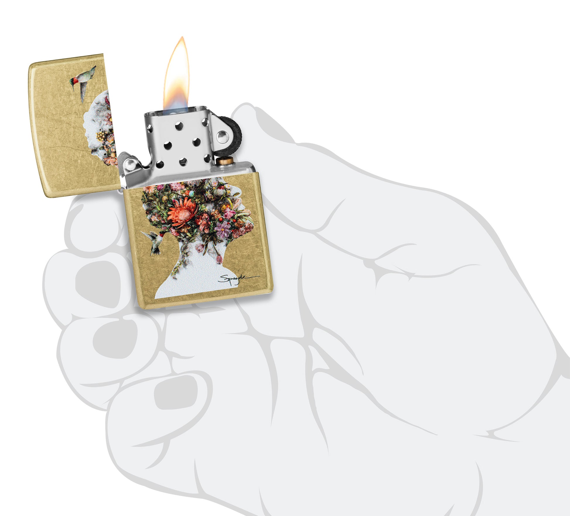 Zippo Spazuk Hummingbirds Design Street Brass Windproof Lighter lit in hand.
