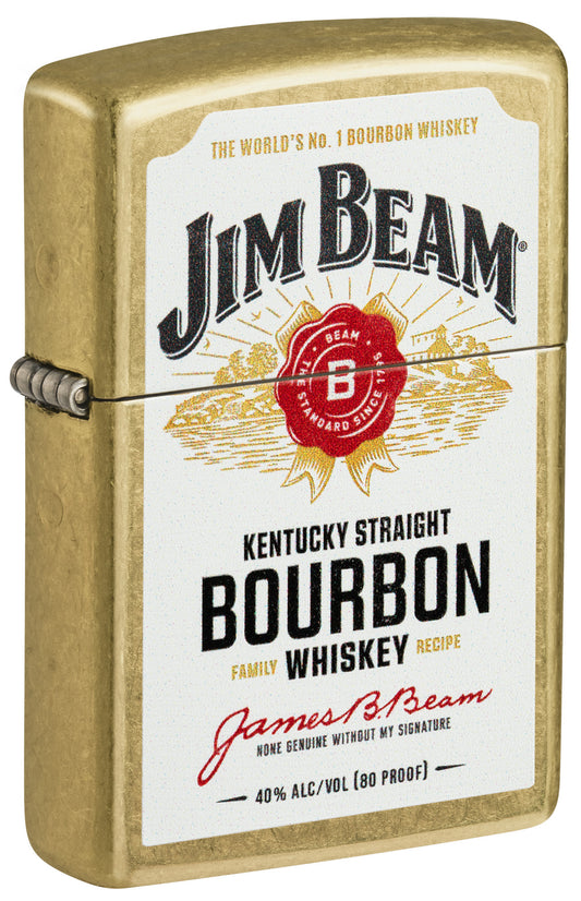 Front shot of Zippo Jim BeamÂ® Label Design Regular Street Brass Windproof Lighter standing at a 3/4 angle.