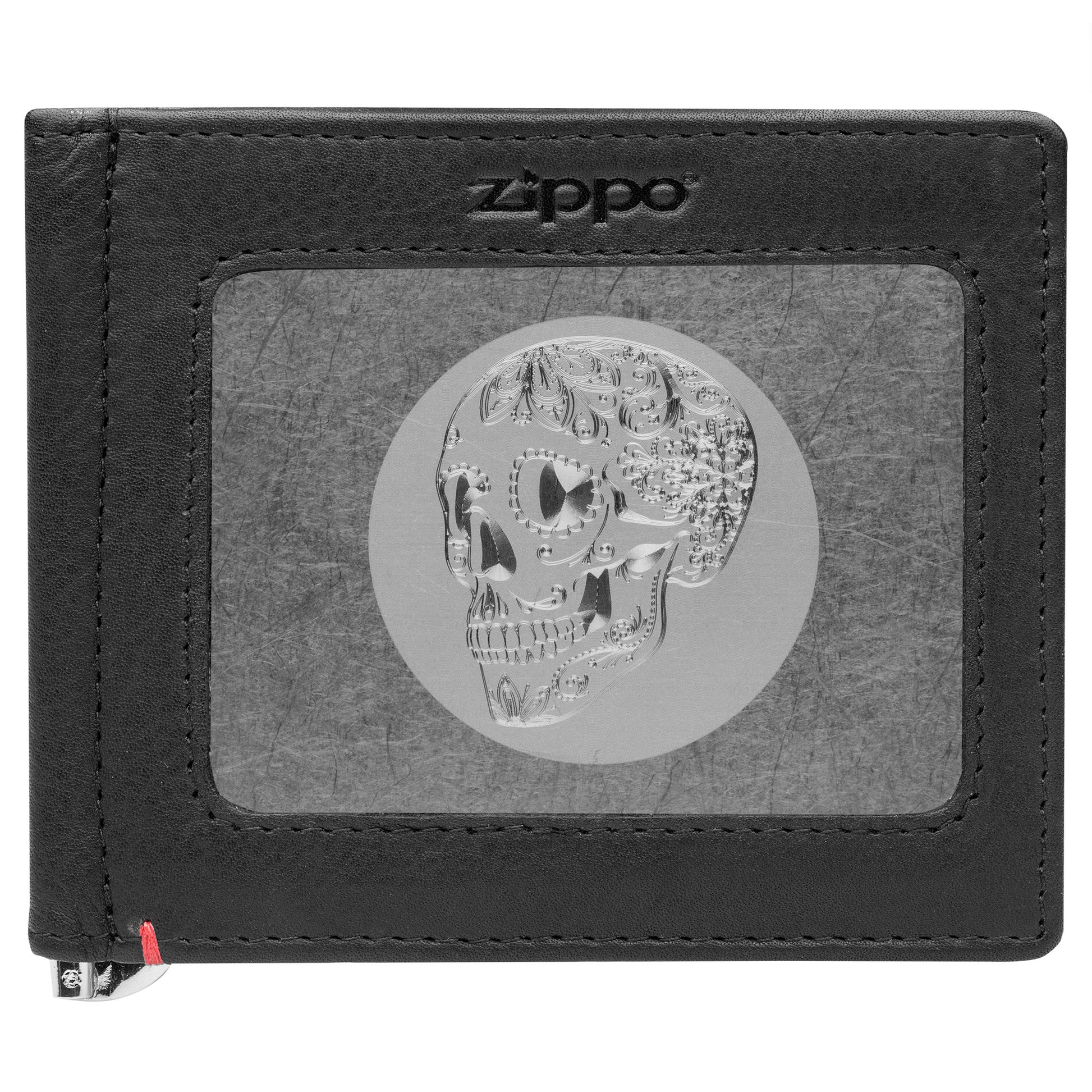Front of black Leather Wallet With Skull Metal Plate - ID Window