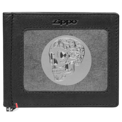 Front of black Leather Wallet With Skull Metal Plate - ID Window