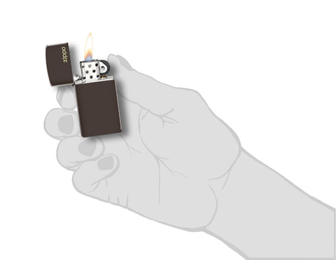 Slim Brown Zippo Logo Windproof Lighter lit in hand