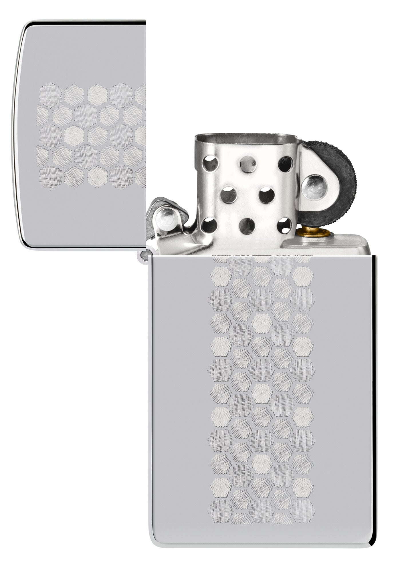 Zippo SlimÂ® Honeycomb Design High Polish Chrome Windproof Lighter with its lid open and unlit.
