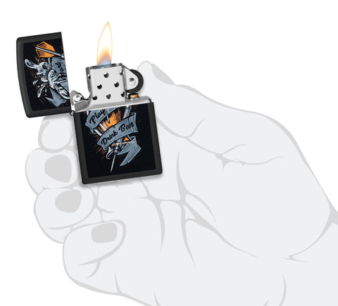 Zippo Darts Design Black Matte Windproof Lighter lit in hand.