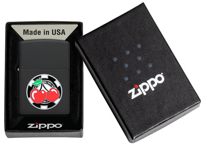 Zippo Poker Chip with Cherries Emblem Black Matte Windproof Lighter in its packaging.
