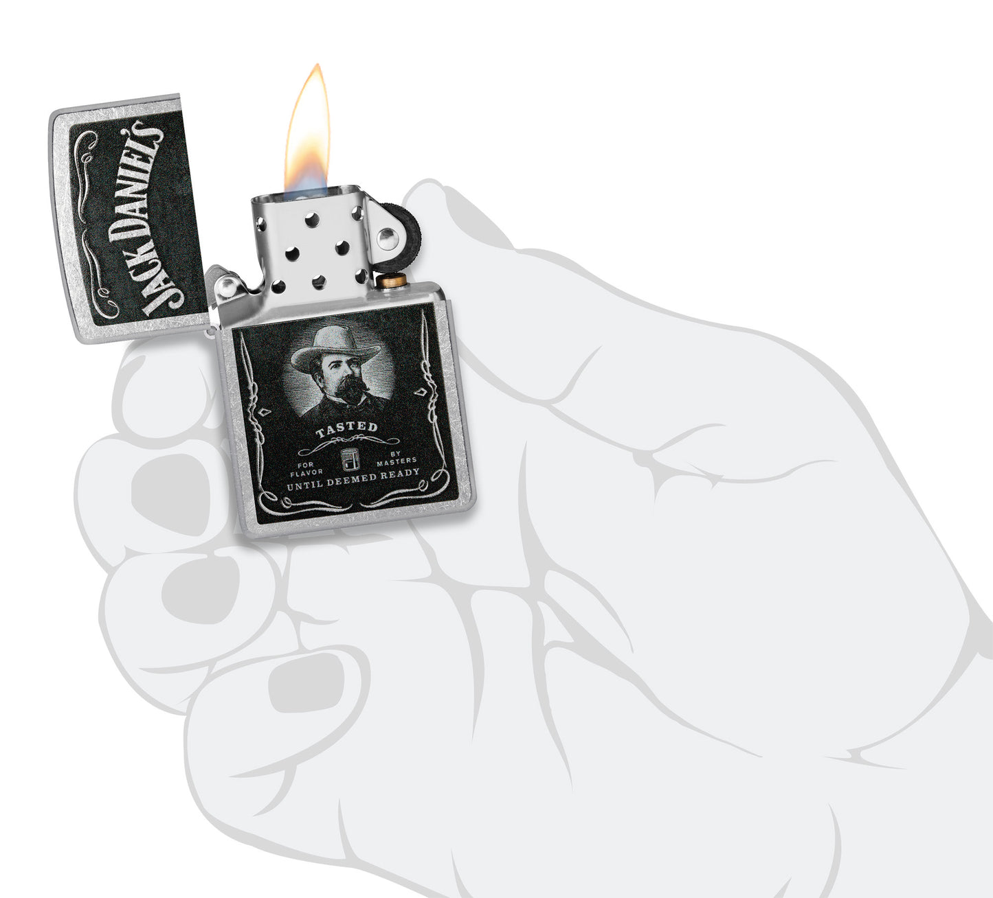 Zippo Jack Daniels Street Chrome Windproof Lighter lit in hand.
