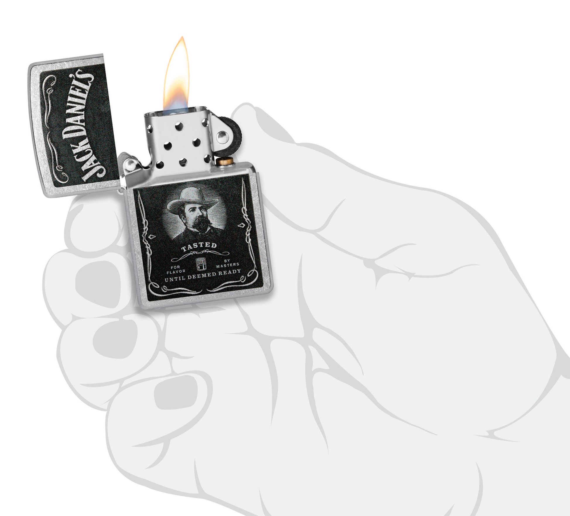 Zippo Jack Daniels Street Chrome Windproof Lighter lit in hand.