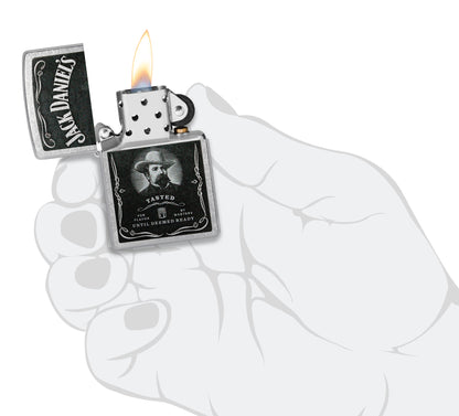 Zippo Jack Daniels Street Chrome Windproof Lighter lit in hand.