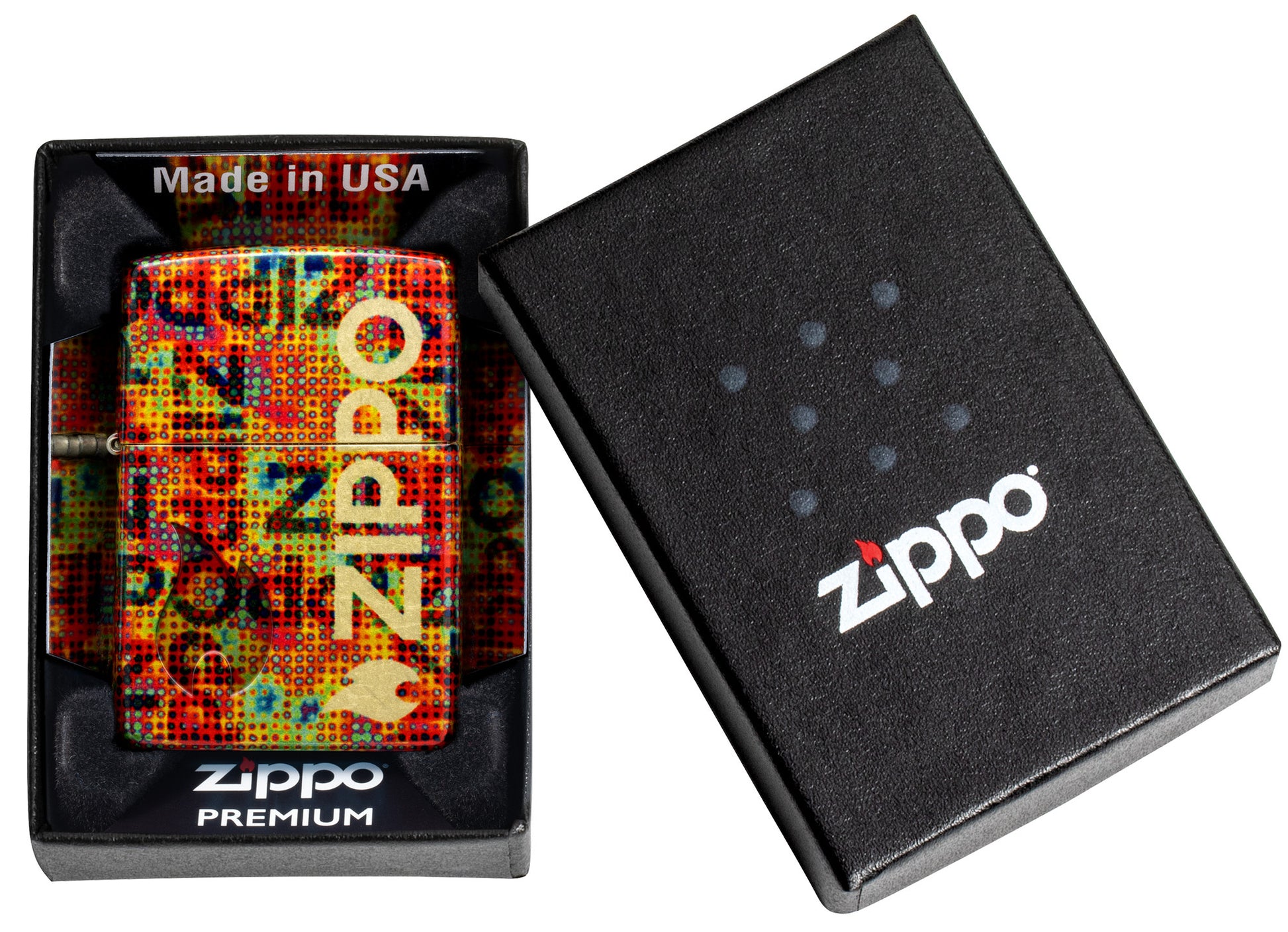 Zippo Pixel Fusion Design 540 Tumbled Brass Windproof Lighter in its packaging.