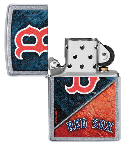 MLB® Boston Red Sox™ Street Chrome™ Windproof Lighter with its lid open and unlit.