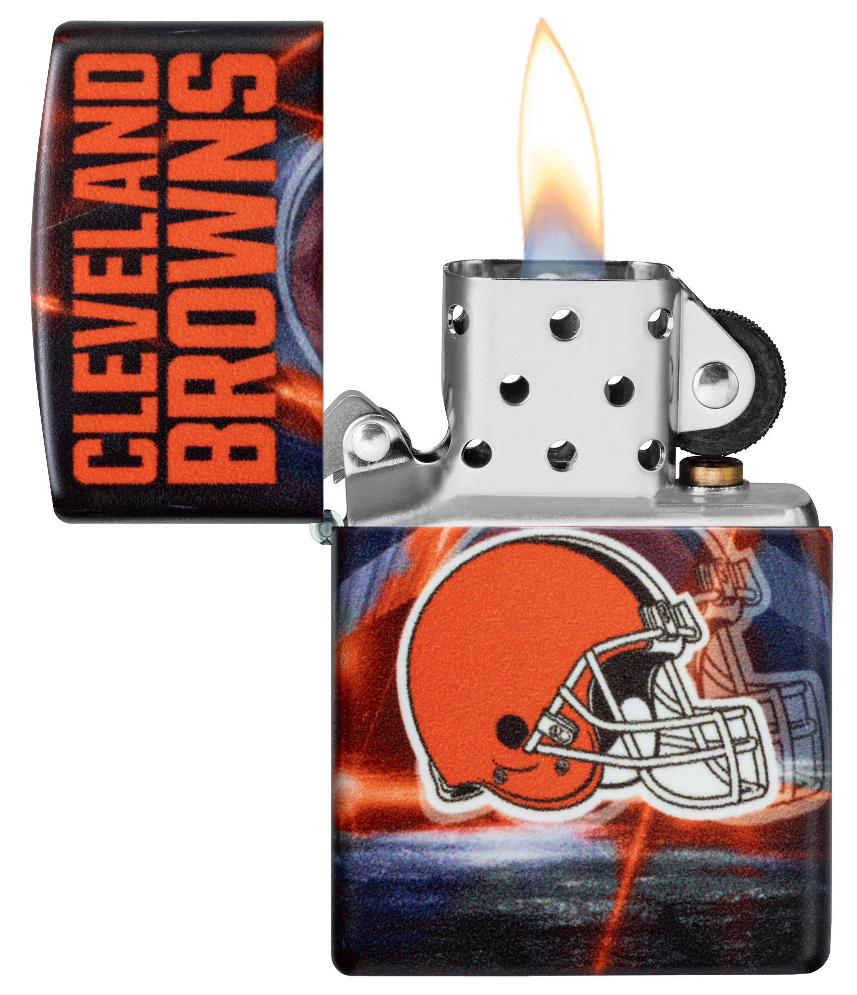 Zippo NFL Cleveland Browns 540 Matte Windproof Lighter with its lid open and lit.