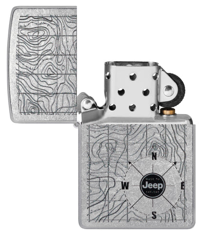 Zippo Jeep Topographical Map Street Chrome Windproof Lighter with its lid open and unlit.