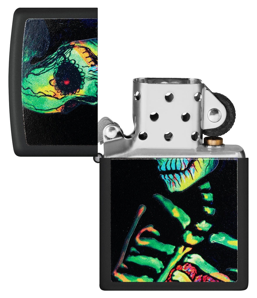 Zippo Glowing Skull Design Black Matte Windproof Lighter with its lid open and unlit.