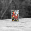 Lifestyle image of Zippo Parrot Pals Design High Polish Chrome Windproof Lighter standing on a rock in a black and white scene.